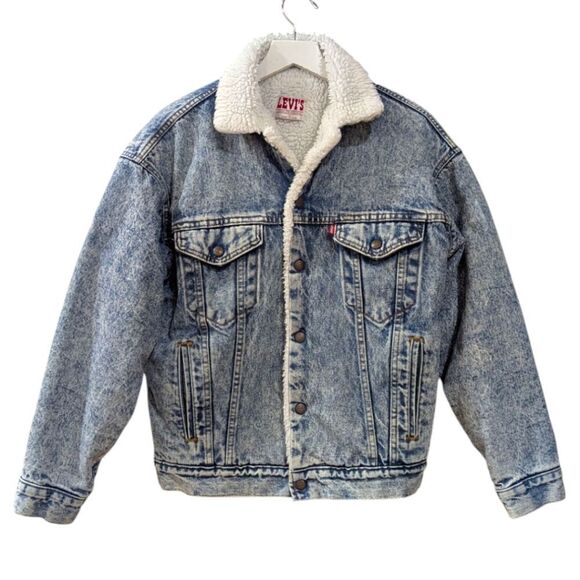 Vintage 1980's LEVI'S USA Mens Small Acid Wash Blue Denim Trucker Sherpa Jacket - Picture 1 of 8